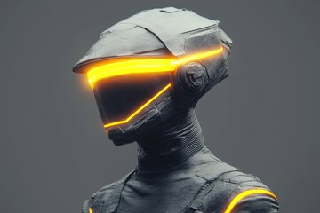 Canvas Print - Robot with a glowing yellow visor symbolizing AI robotics and tech innovation in a futuristic environment focused on automation and advanced technology