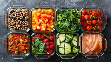 Healthy meal prep containers with chickpeas, chicken, tomatoes, cucumbers and avocados. Healthy lunch in glass containers on beige rustic background. Zero waste concept. Selective focus.