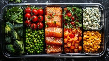 Healthy meal prep containers with chickpeas, chicken, tomatoes, cucumbers and avocados. Healthy lunch in glass containers on beige rustic background. Zero waste concept. Selective focus.