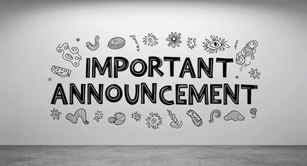 Wall Mural - important announcement word lettering with groovy doodles drawing design on plain white background