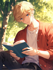 a young blonde man reading a book, Anime illustration of a young man reading a book in the park, student, university, college life