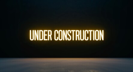 under construction word lettering with yellow glow on plain black dark background