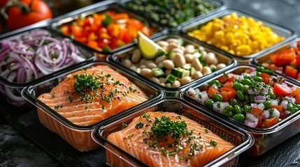 Healthy meal prep containers with chickpeas, chicken, tomatoes, cucumbers and avocados. Healthy lunch in glass containers on beige rustic background. Zero waste concept. Selective focus.