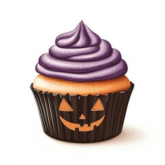 A Halloween cupcake clipart, Halloween element, cute design, purple frosting, isolated on white background