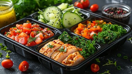 Healthy meal prep containers with chickpeas, chicken, tomatoes, cucumbers and avocados. Healthy lunch in glass containers on beige rustic background. Zero waste concept. Selective focus.