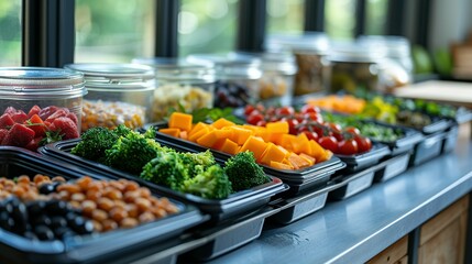 Healthy meal prep containers with chickpeas, chicken, tomatoes, cucumbers and avocados. Healthy lunch in glass containers on beige rustic background. Zero waste concept. Selective focus.