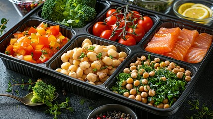 Healthy meal prep containers with chickpeas, chicken, tomatoes, cucumbers and avocados. Healthy lunch in glass containers on beige rustic background. Zero waste concept. Selective focus.