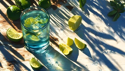 Wall Mural - Refreshing gin and tonic illuminated by sunlight, casting intricate shadows in a captivating overhead perspective