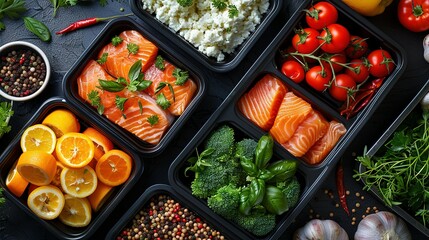 Healthy meal prep containers with chickpeas, chicken, tomatoes, cucumbers and avocados. Healthy lunch in glass containers on beige rustic background. Zero waste concept. Selective focus.