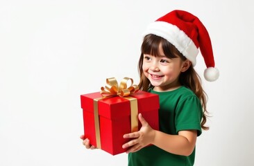 Happy cute little girl in green t-shirt and Santa hat holds with two hands big red gift box with golden ribbon in white background. Christmas celebration concept. 