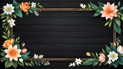 Wall Mural - spring themed border frame on rustic black wooden background, full image