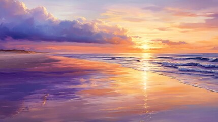 A beautiful sunset over the ocean with a sandy beach and gentle waves.