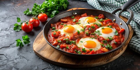 A skillet filled with eggs poached in a savory tomato sauce with parsley garnish, a rustic breakfast dish