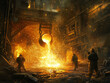 © thien - Intense heat radiates from molten metal being poured in steel mill, showcasing workers in protective gear amidst fiery industrial backdrop. scene captures raw energy and danger of metalworking