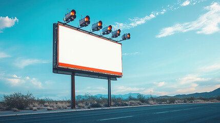 A blank billboard on the side of an empty road with traffic lights above it, a sky-blue background