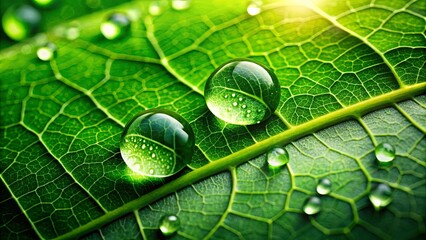 Wall Mural - A close-up view of water droplets resting on a vibrant green leaf, showcasing the intricate vein patterns and the delicate beauty of nature.