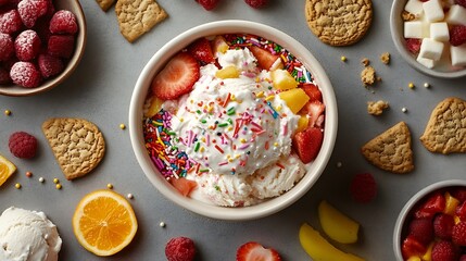 A visually appealing setup of colorful sprinkles, crushed cookies, and fruit slices arranged around a tub of homemade ice cream, with an area for text