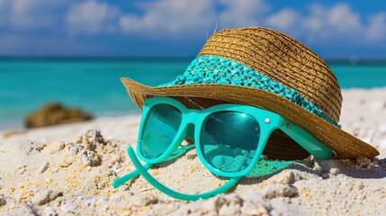 Poster - sun glasses and sunglasses on beach