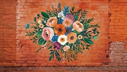 Wall Mural - painted mural of floral explosion on a rustic orange brick wall background, full image