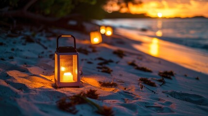 Canvas Print - Lanterns on a Tropical Beach at Sunset