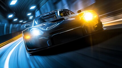 Racing Car in Motion Through Dramatic Tunnel