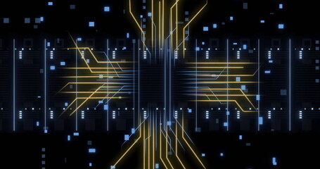 Poster - Image of circuit board and digital data processing over computer servers