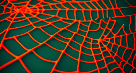 Poster - Glowing neon orange spiderweb pattern on a dark green background