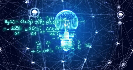 Poster - Image of chemical equations over light bulb and networks on dark background