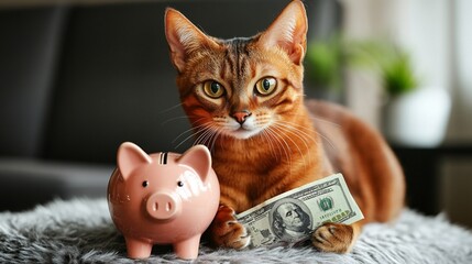 Wall Mural - Adorable ginger tabby cat posing with a pink piggy bank and a hundred dollar bill, symbolizing financial savings and pet expenses in a cozy home setting.