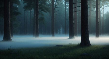 Wall Mural - Morning mist floating over a deep forest scene in animated art style