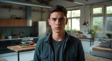 Poster - Serious young man looking at the camera in an industrial home setting