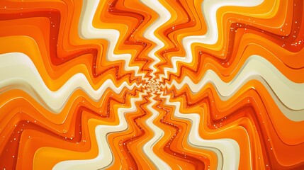 An intricate star pattern with swirling orange and yellow lines creates a hypnotic effect. This psychedelic design, featuring burst lines and twisted swirls, art installations, and posters.