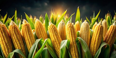 A close-up image of ripe yellow corn ears in their husks, the kernels are visible and glistening in the sun, symbolizing abundance and the bounty of nature.