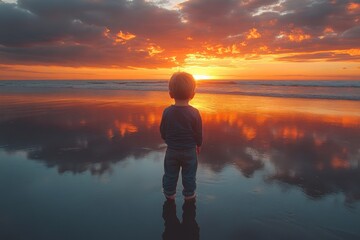 Wall Mural - Childhood Wonder: A Serene Sunset Moment on the Beach, Embracing the Ocean's Beauty