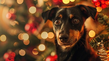 Wall Mural - Adorable black and tan dog with soulful eyes gazes at camera, surrounded by twinkling Christmas lights and festive decorations, creating a warm holiday atmosphere.