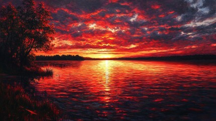 A fiery sunset over a still lake with trees on the shoreline.