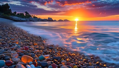 Serene sunset over a rocky beach with colorful pebbles glistening in sunlight and tranquil waves beneath a vibrant sky