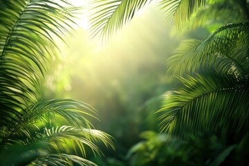 Blur background of dense tropical jungle with palm trees. Realistic 3D render of an exotic forest. Wilderness exploration and tropical flora concept. generative ai