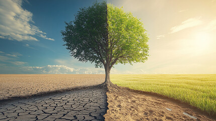 A split scene showing the stark contrast between dry, cracked earth and lush green grass under a blue sky