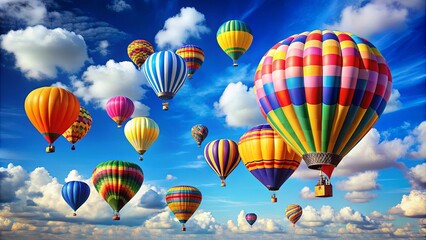 A vibrant spectacle of hot air balloons against a backdrop of fluffy white clouds and a clear blue sky.