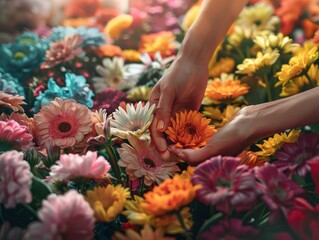 Wall Mural - Hands Holding a Flower Among a Floral Display