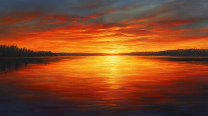 Wall Mural - A fiery sunset reflected in the water of a calm lake, creating a sense of peace and tranquility.