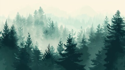 Wall Mural - Misty_landscape_with_fir_forest_in_vintage_