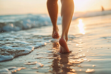 Closeup of woman feet walking on beach