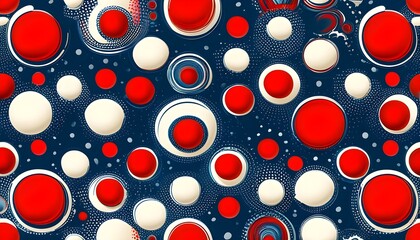 Retro polka dot pattern in red and blue on a white seamless background