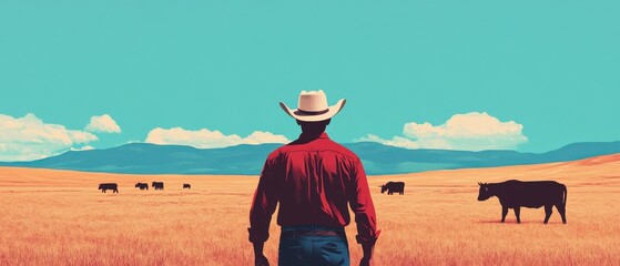 Cowboy in a vast field with cattle, blue sky, and mountains in the background.