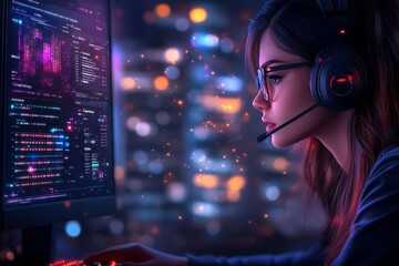 Woman focused on programming with glowing code reflected on her face in a dark room symbolizing tech development concentration and innovation in a digital workspace
