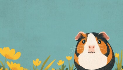 Cute guinea pig in a field of flowers against a colorful background.