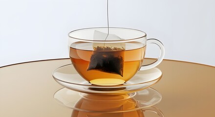 A clear glass teacup with golden brown tea on a reflective golden saucer featuring a partially submerged tea bag with a string hanging over the side.