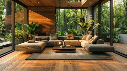 A spacious modern living room, with sleek furniture and green plants accentuating the luxury, large windows casting soft light on the wooden floor